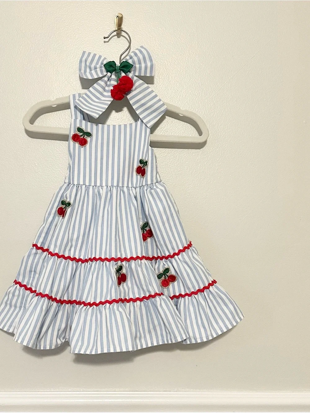 Rueveri Baby Girl Cherry Dress 18M Blue Stripe Tiered Sundress